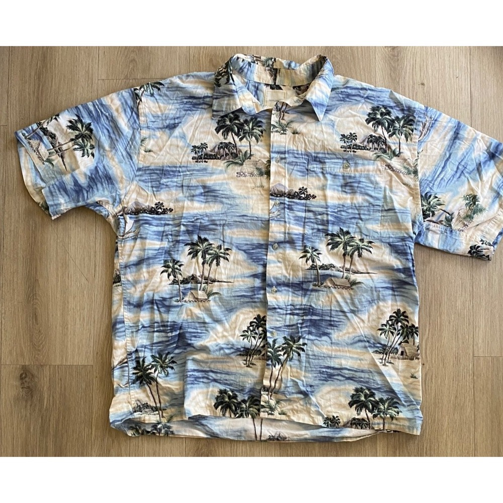 Saddlebred Mens XL Hawaiian Shirt Blue Cream Palm Tree Tropical Scenic Button Up
